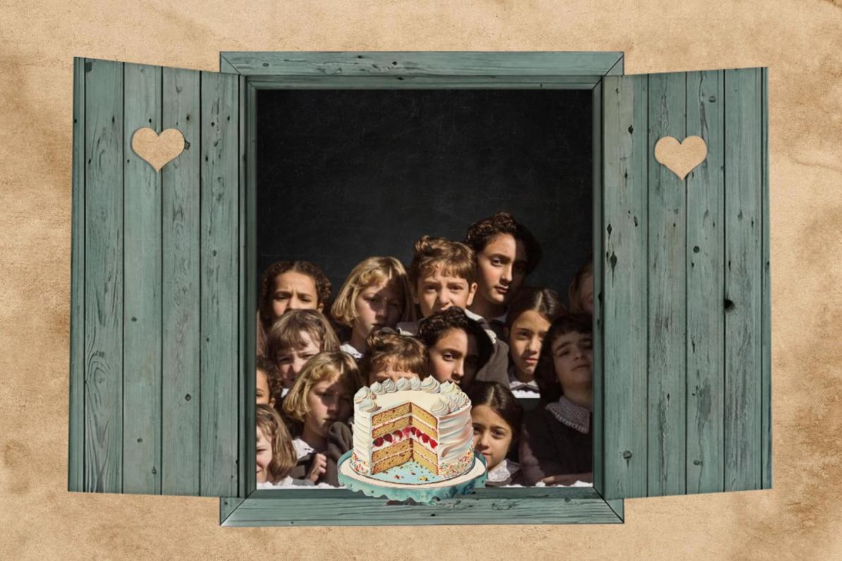 En una ventana abierta se ve un pastel al que le falta una rebanada; desde adentro, varias niñas observan con curiosidad el pastel.